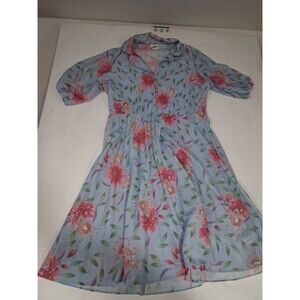 Vtg 70s Hawaiian Dress Pleated Bodice Hibiscus Baby Blue Large QR Collared Midi